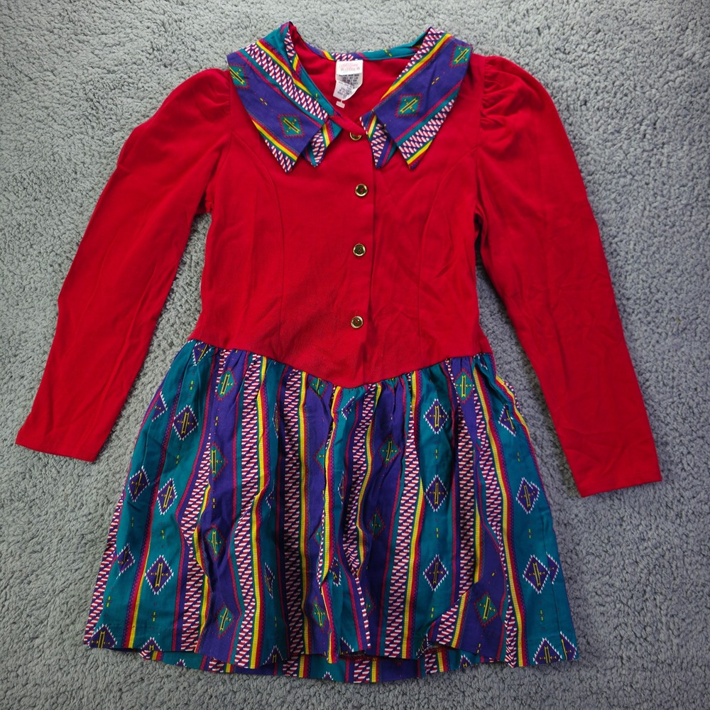 Allison Ann Vintage Girls Red Southwestern Print Long Sleeve Dress Size 14